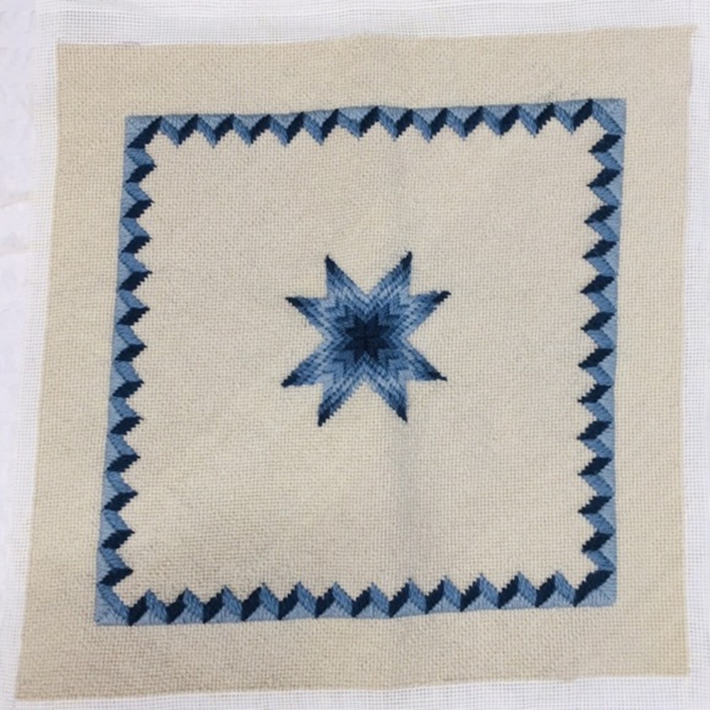 Handmade‎ Needlepoint Pillow Cover Blue Ivory Barn Star Grandmacore Cottagecore